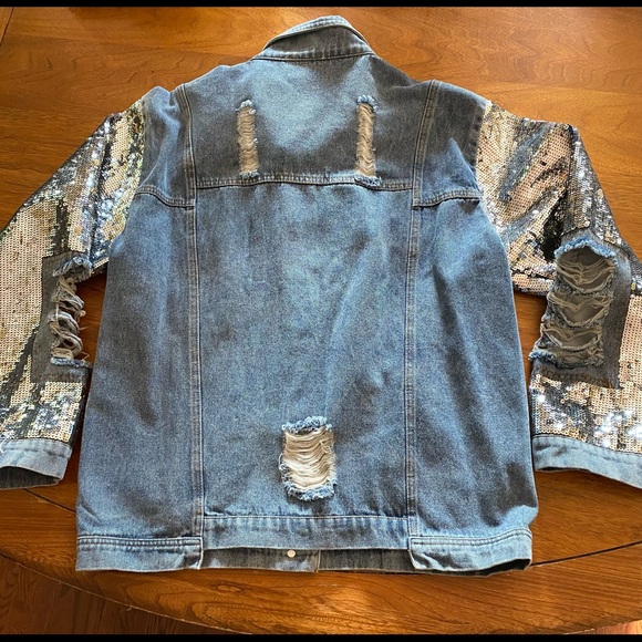 Distressed denim with sequined sleeves jacket - Picture 10 of 15
